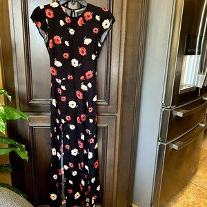 Reformation Black Floral Gavin Open Back Midi Cap Sleeve Dress